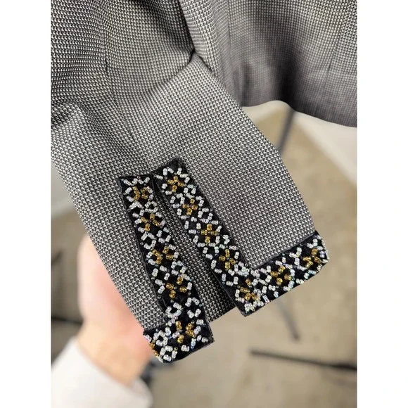 WD-Platinum Beaded Houndstooth Blazer Jacket Black White Size 12 Leopard Lining - Picture 4 of 8